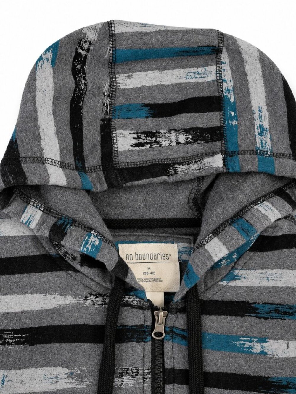 Men's Hoodie MEDIUM Full Zip Gray Teal Stripe with pockets No Boundaries - Picture 10 of 14